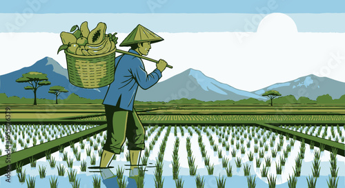 Asian farmer carrying a basket.