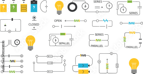 Educational collection of electrical circuit diagrams featuring battery icons, light bulbs, series and parallel connections, resistors, switches, and power supply symbols for physics science.
