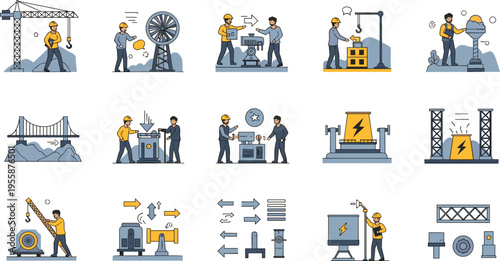 Large set of flat vector icons featuring industrial workers engineering projects heavy machinery and construction sites isolated on white background for manufacturing design