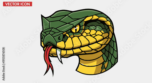 Green snake head with fangs.