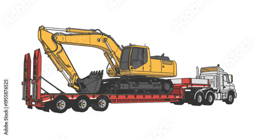 Large excavator on red trailer truck.