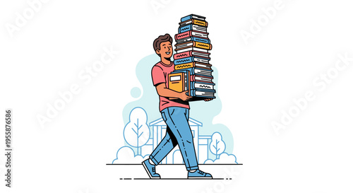 Man carrying a stack of books.