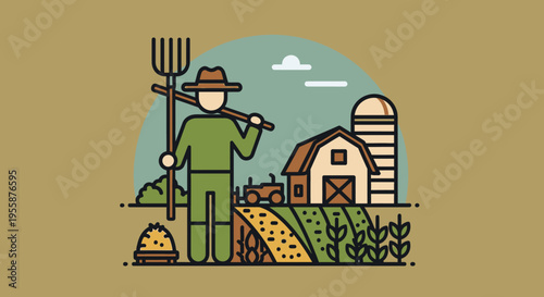 Man in green overalls holding pitchfork.