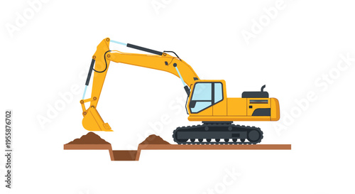 Yellow excavator digging earth ground.
