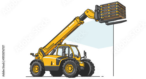 Yellow construction telescopic handler lifting pallet.