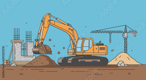 Yellow excavator on construction site.