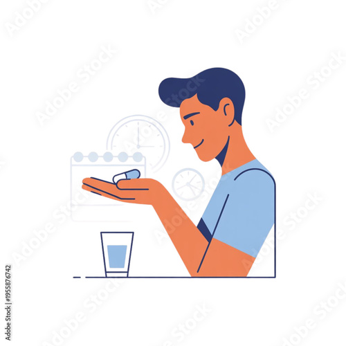 A young man holding a medicinal capsule in his hand with a glass of water and time icons.