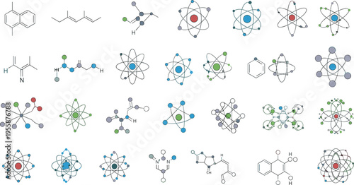 Scientific collection of atomic models featuring nucleus protons and electrons with chemical molecular structures and carbon chain formulas for organic chemistry physics and laboratory research.