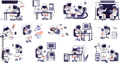 Set of astronaut character icons performing various activities like working at desk eating and floating in zero gravity for space mission vector concepts