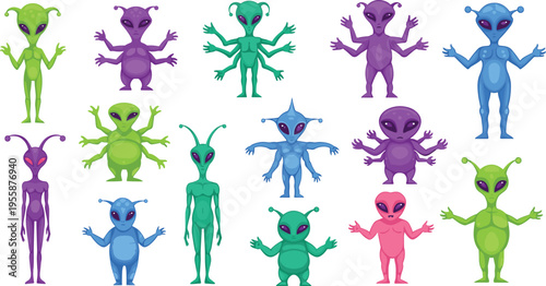 Set of colorful alien character vectors and extraterrestrial creature illustrations with multiple arms and unique features for science fiction gaming and fantasy design projects.