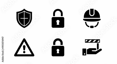 Safety Icons Shield Lock Hard Hat Warning Sign and Security