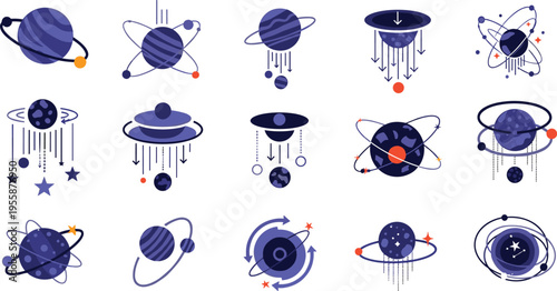 Set of flat planet icons featuring celestial bodies with orbital rings, gravitational pull arrows, distant stars, and galaxy orbit paths for space exploration science infographics.