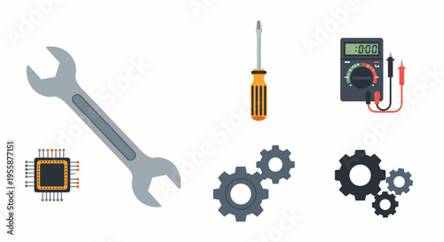Collection of Electronic and Mechanical Tools and Components on a White Background