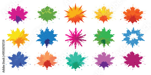 A dynamic grid of colorful exploding paint splatters and powder bursts.