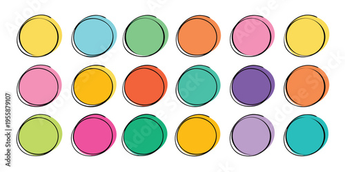 A collection of vibrant hand-drawn outlined circles in various bright colors.