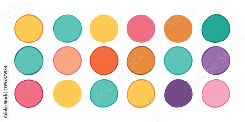 Vibrant solid color circles with thin borders arranged in rows.
