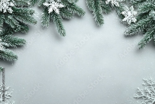 Winter Wonderland - Snowy Fir Branches and Snowflake Border on Gray.
