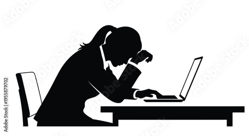 Overworked woman sits with head in hands at a laptop silhouette