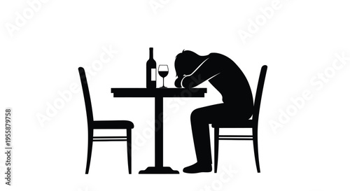 Despondent man sits at table with wine a striking silhouette