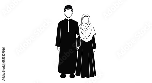 A muslim couple standing together depicted in black silhouette