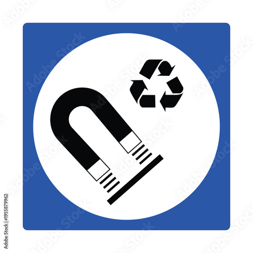 Recycling Magnetic Steel Icon Blue Sign with Magnet and Recycle Symbol Mandatory Vector Illustration