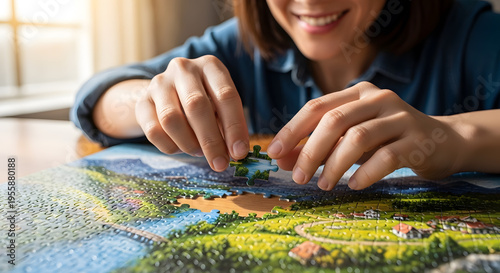 A smiling woman's hands carefully place a piece into a colorful landscape jigsaw puzzle on a table, enjoying a relaxing hobby.