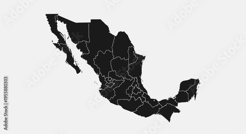 Map of Mexico Silhouette with State Borders - Black and White