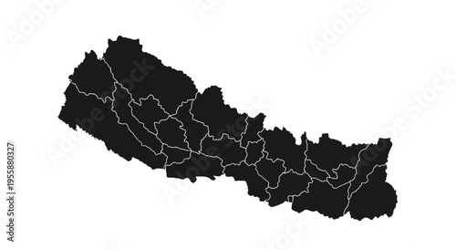 Map of Nepal silhouette with internal borders, isolated on white background