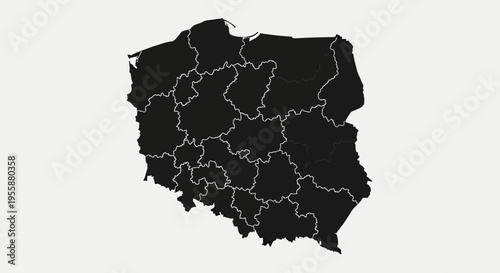 Map of Poland with administrative regions highlighted, dark silhouette on light background