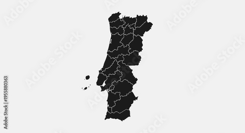 Map of Portugal with administrative divisions, black silhouette on a gray background.