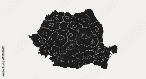 Map of Romania divided into administrative regions, black and white silhouette
