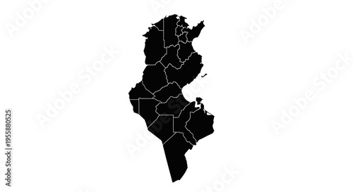 Map of Tunisia with administrative divisions, black silhouette on white background