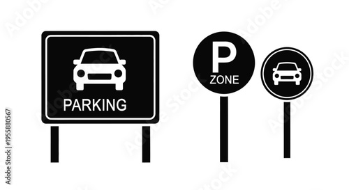 Parking and traffic signs depicted as black silhouettes