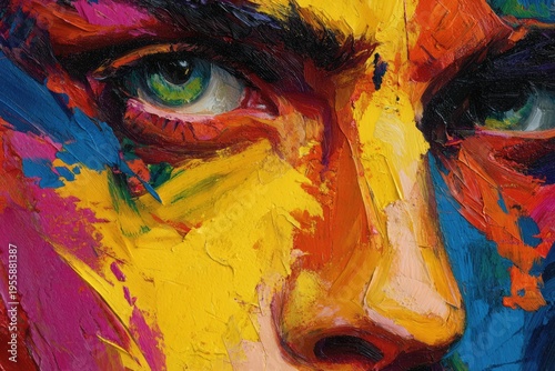 Colorful Portrait of a Person with Intense Green Eyes.