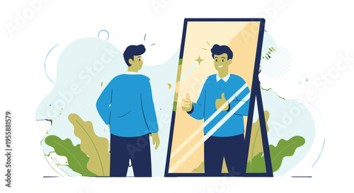 Man looking at reflection in mirror.