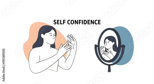 Woman with self confidence looking in mirror.