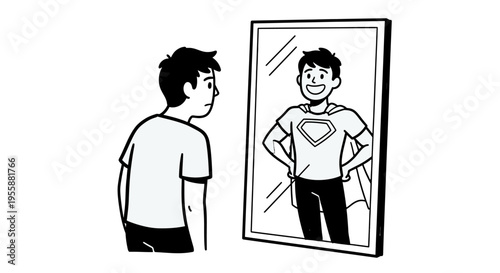Man sees superhero reflection in mirror.