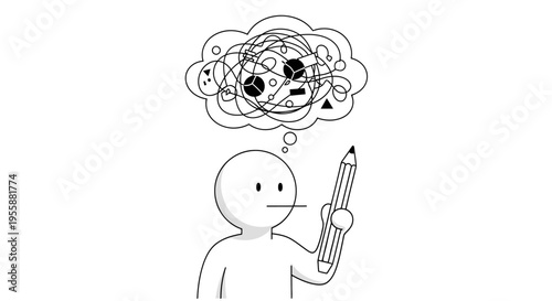 Stick figure with confused thoughts and pencil.