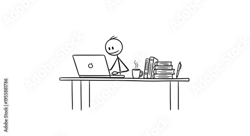 Stick figure working on laptop computer.