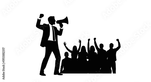 Silhouette of a man with megaphone leading a cheering crowd in protest or rally