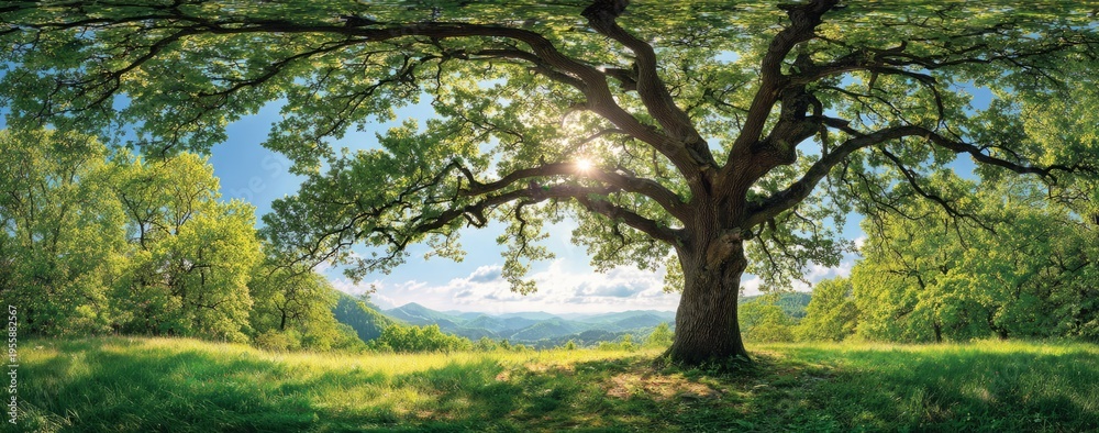 Fototapeta premium Sunlight through the branches of a large tree in a meadow.