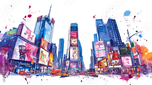 Times Square. Times Square hand drawn watercolor illustration