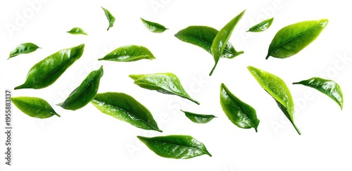 Fresh Green Leaves Floating on White Background for Natural Design.