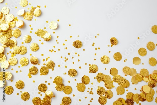 Golden confetti scattered on a white surface, creating a festive background.