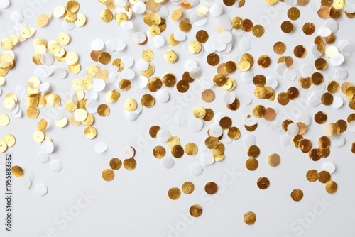 Festive Gold and White Confetti Scattered on a White Surface.
