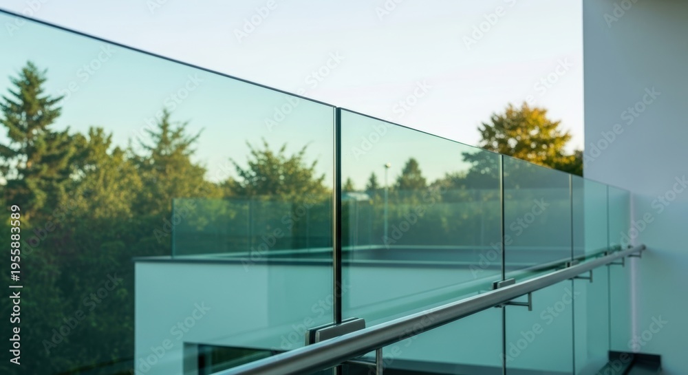 Obraz premium Glass balcony railing on a modern house terrace. Exterior view of transparent balustrade with metal handrail overlooking a green forest. Architectural element for home design concept.