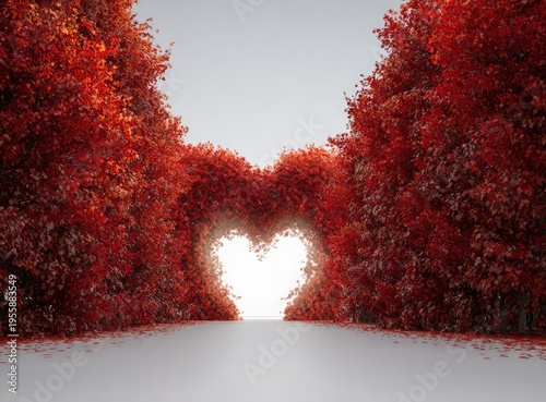Romantic Heart-Shaped Red Foliage Tunnel - A Symbol of Love and Valentines Day.