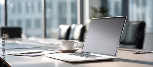 Laptop and Coffee Cup on Conference Table in Modern Office.