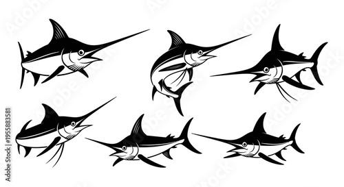Set of Marlin Fish Silhouettes, Dynamic Poses, Black and White Vector Illustration
