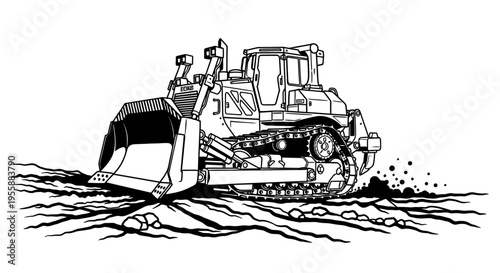 Bulldozer digging earth with blade.